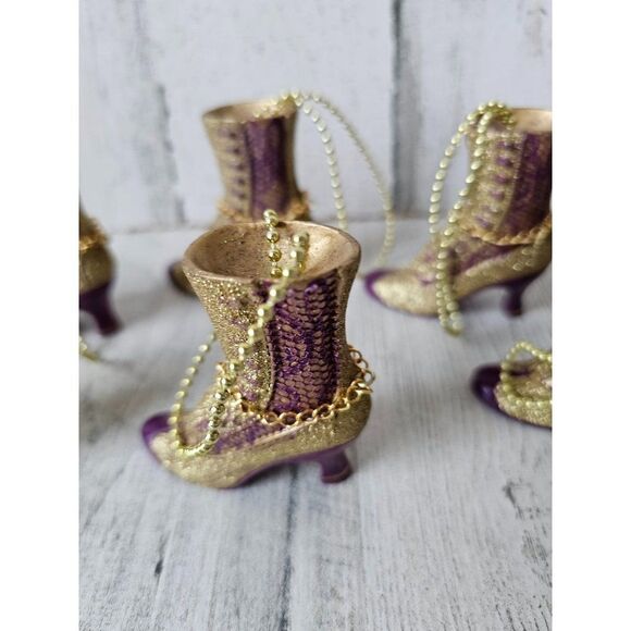 Boot shoe heel glitter gold purple ornament Xmas vintage tree set - Picture 3 of 9